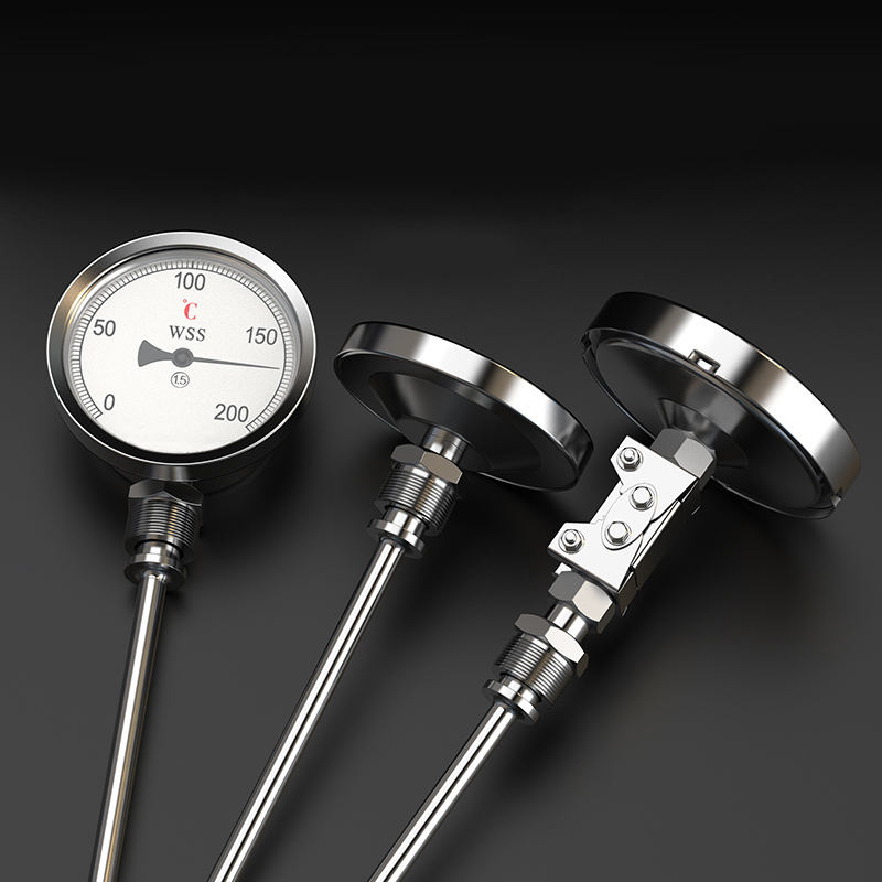 Industrial axial-radial type custom length 1/2 thread 304 stainless steel 1.6 precision pointer-type bimetallic thermometer